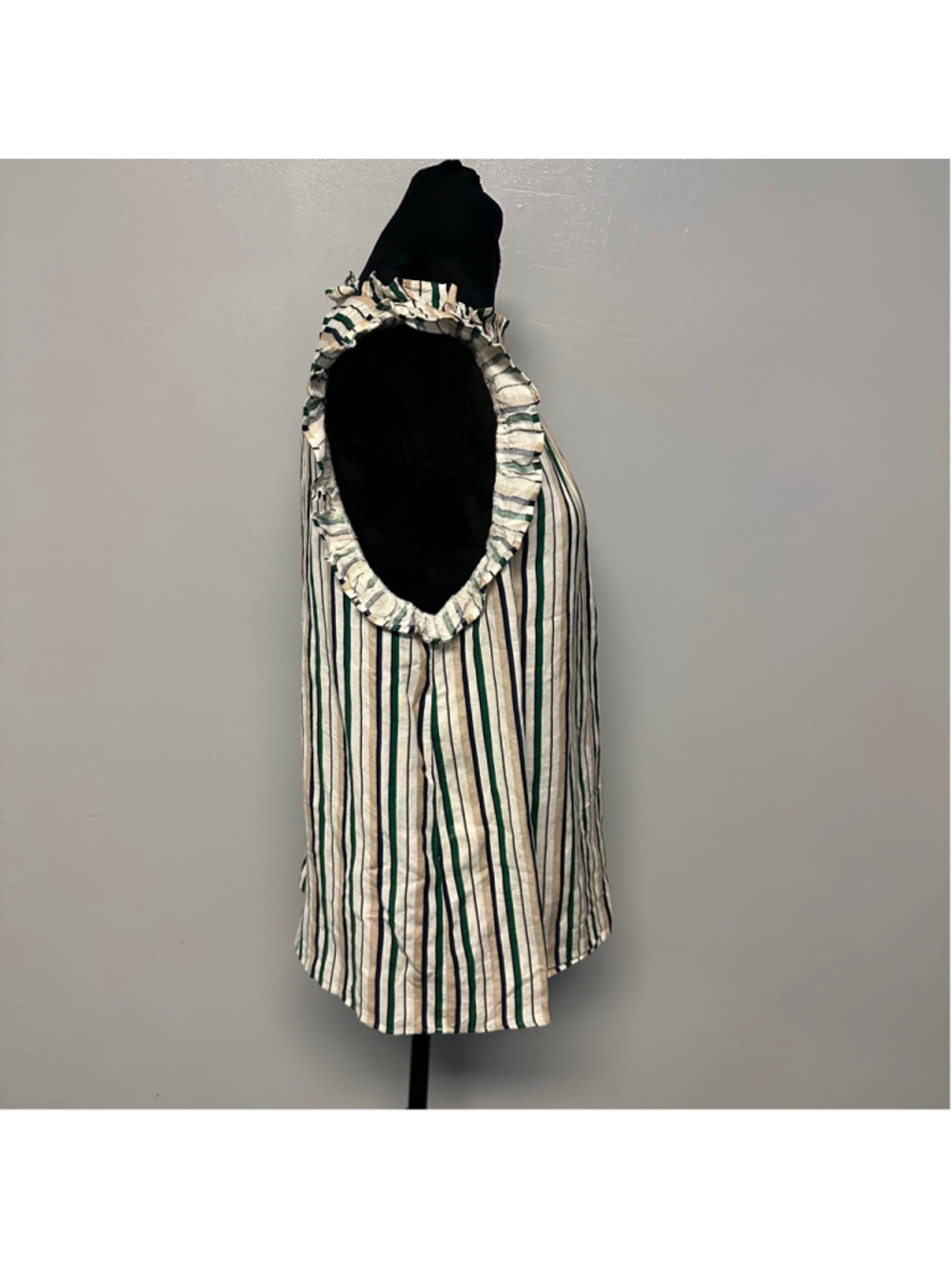 Ann Taylor Factory size medium Striped Ruffle Blouse White Green mock neck - Picture 3 of 7